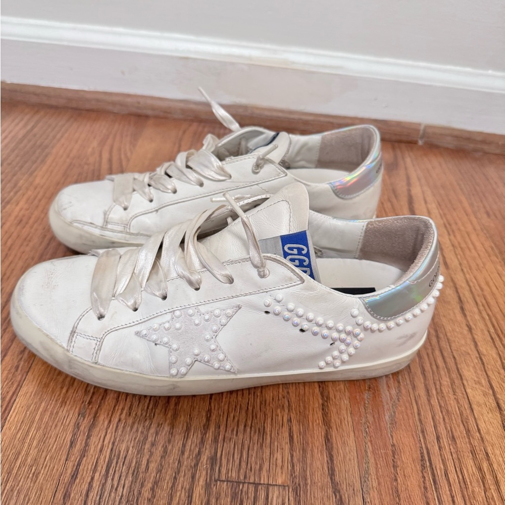 Golden Goose White Pearl-Embellished Star Sneakers with Iridescent Heel